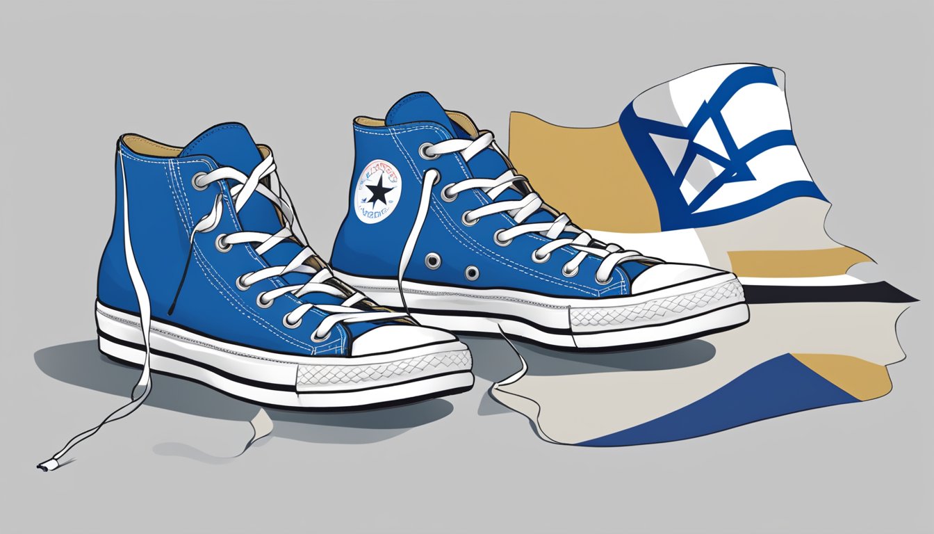 A pair of Converse shoes placed next to an Israeli flag, with a question mark hovering above them