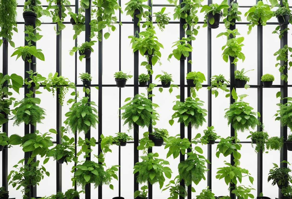 Vibrant green plants cascade down a tall trellis, utilizing every inch of vertical space. Pots and planters are strategically arranged, creating a lush and thriving vertical garden