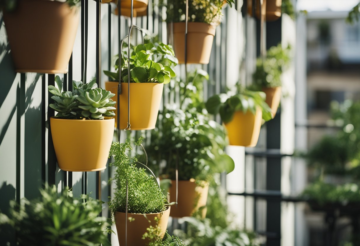 A sunny balcony with hanging planters, trellises, and vertical shelves. Lush greenery cascades down the walls, creating a vibrant and space-saving garden display