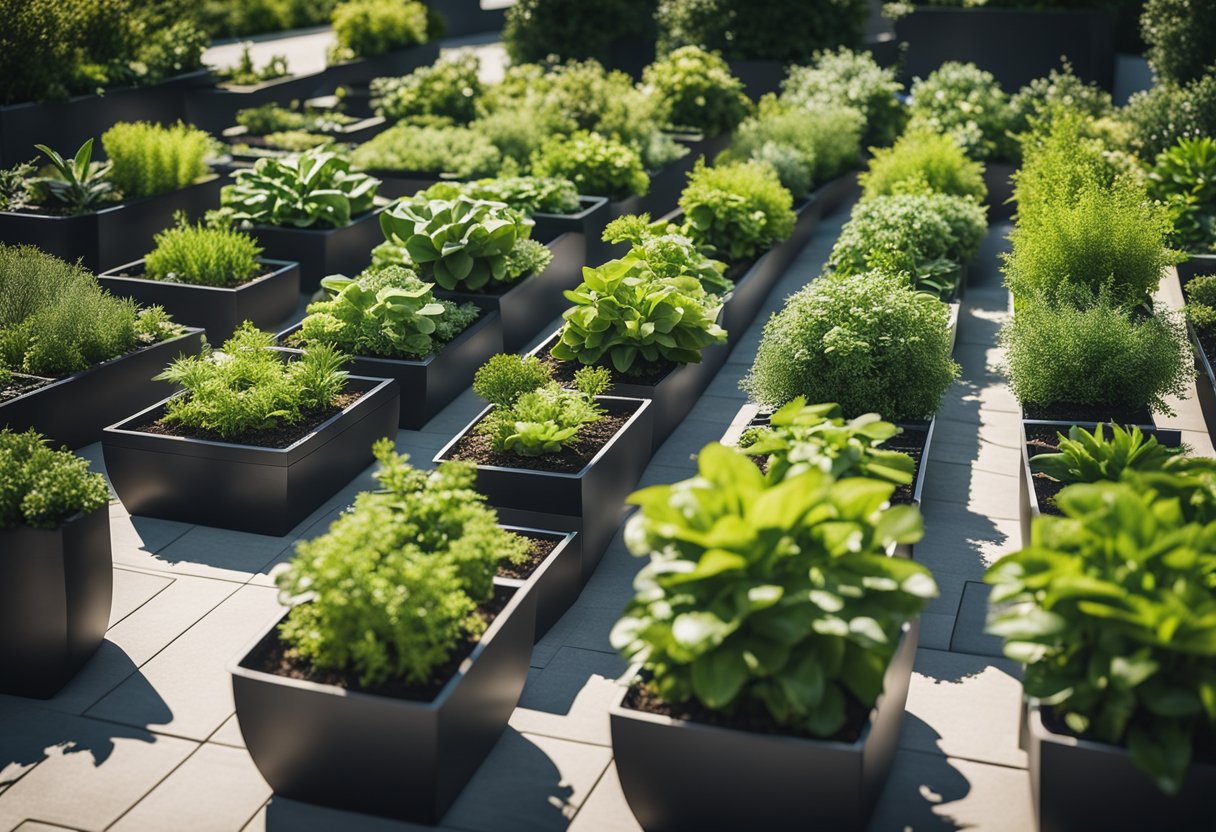 Lush green plants of various heights and colors arranged in vertical planters, with a backdrop of a sunny garden and a clear blue sky