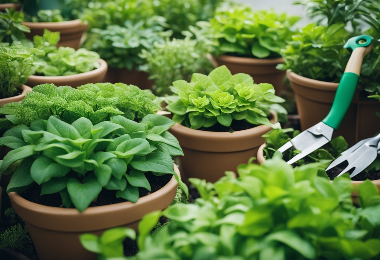 Lush green plants growing vertically in a well-organized garden, with small tools and watering cans nearby. The plants are thriving and well-maintained, showcasing the success of vertical gardening