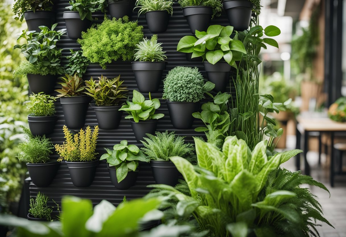 A vertical garden with various plants growing in stacked containers, accompanied by a list of 