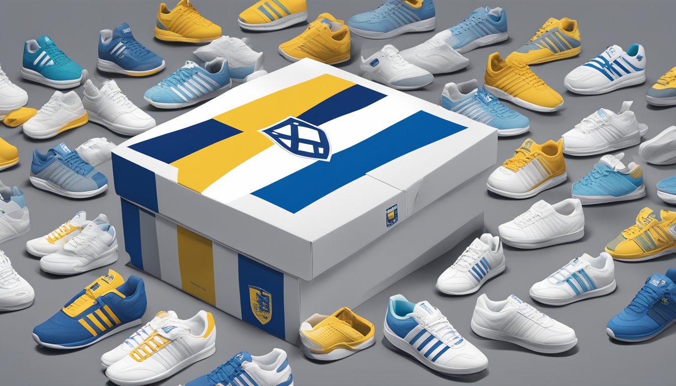 A K-Swiss shoe box with the company logo sits on a desk, surrounded by images of Israel and its flag