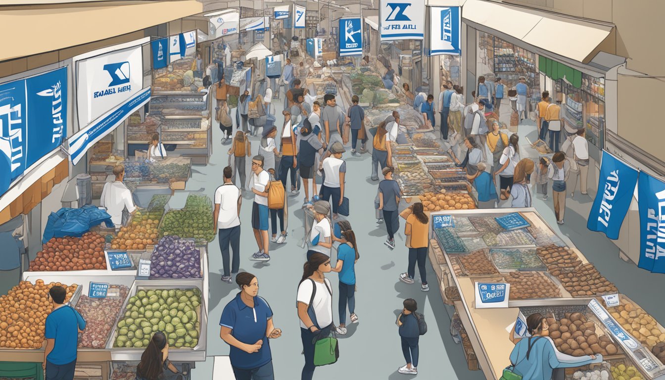 A bustling Israeli market with K-Swiss shoes prominently displayed, with posters and signage showing support for Israel