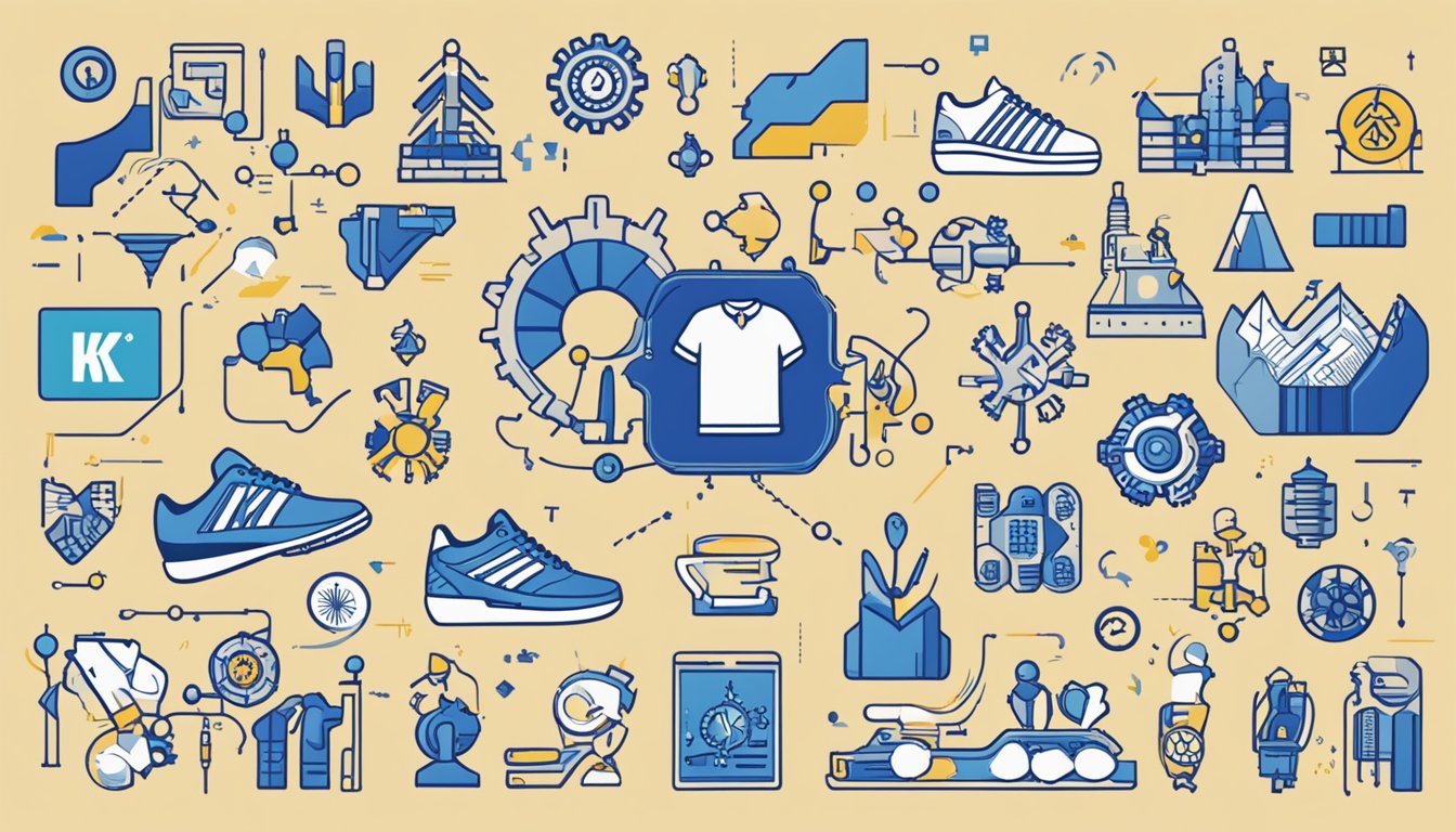 K-Swiss logo in the foreground, surrounded by various symbols of collaboration and partnership, including handshakes, puzzle pieces, and intertwined gears