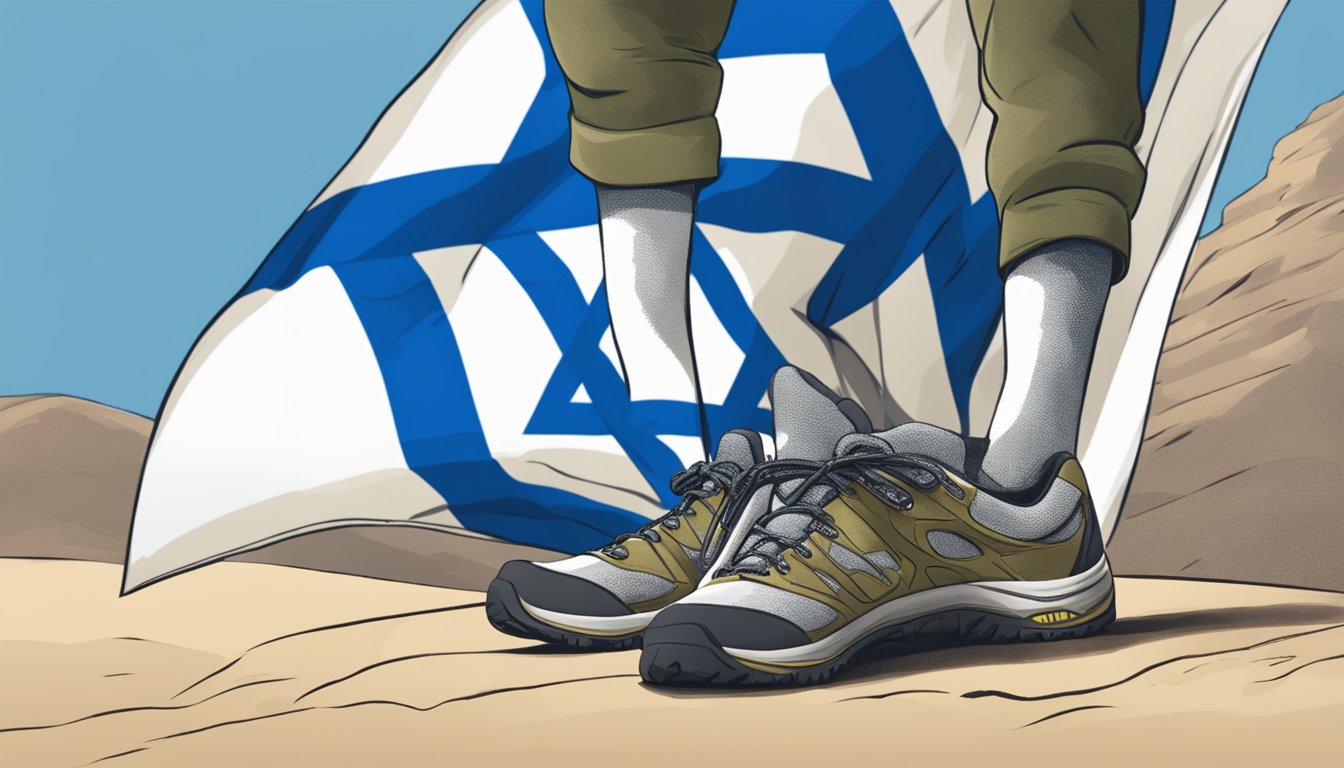 A person wearing a pair of Merrell shoes standing in front of an Israeli flag, with a supportive gesture or symbol nearby