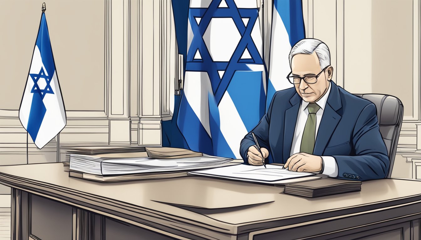 A business executive signing a document with the Israeli flag in the background