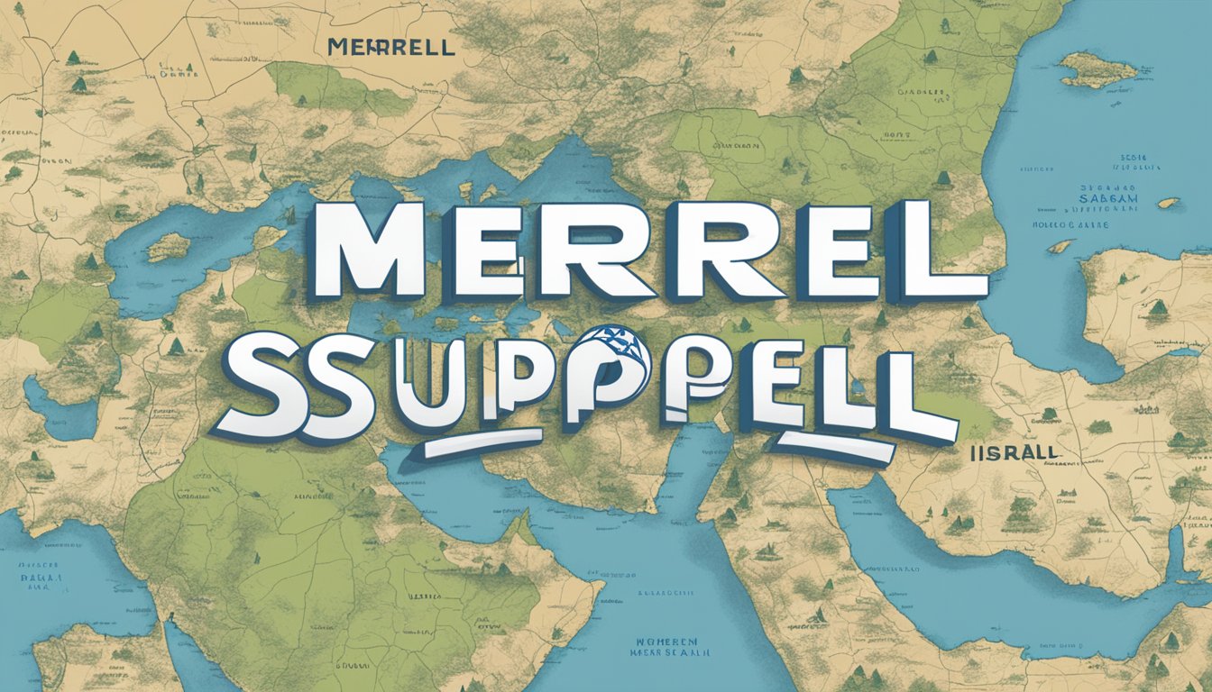 A company logo with a map of Israel highlighted in the background, surrounded by text stating "Merrell supports Israel" in bold lettering