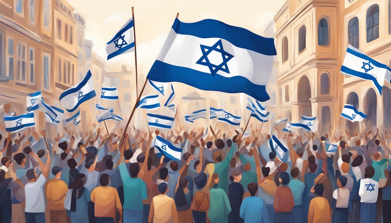 A diverse group gathers in a vibrant city square, waving flags and banners in support of Israel. The atmosphere is charged with passion and unity