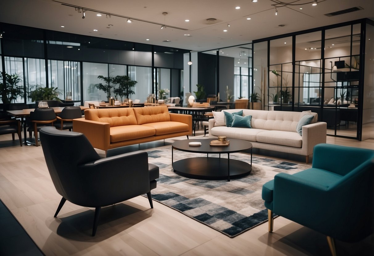 The spacious showroom displays a vast array of furniture in a modern and stylish setting