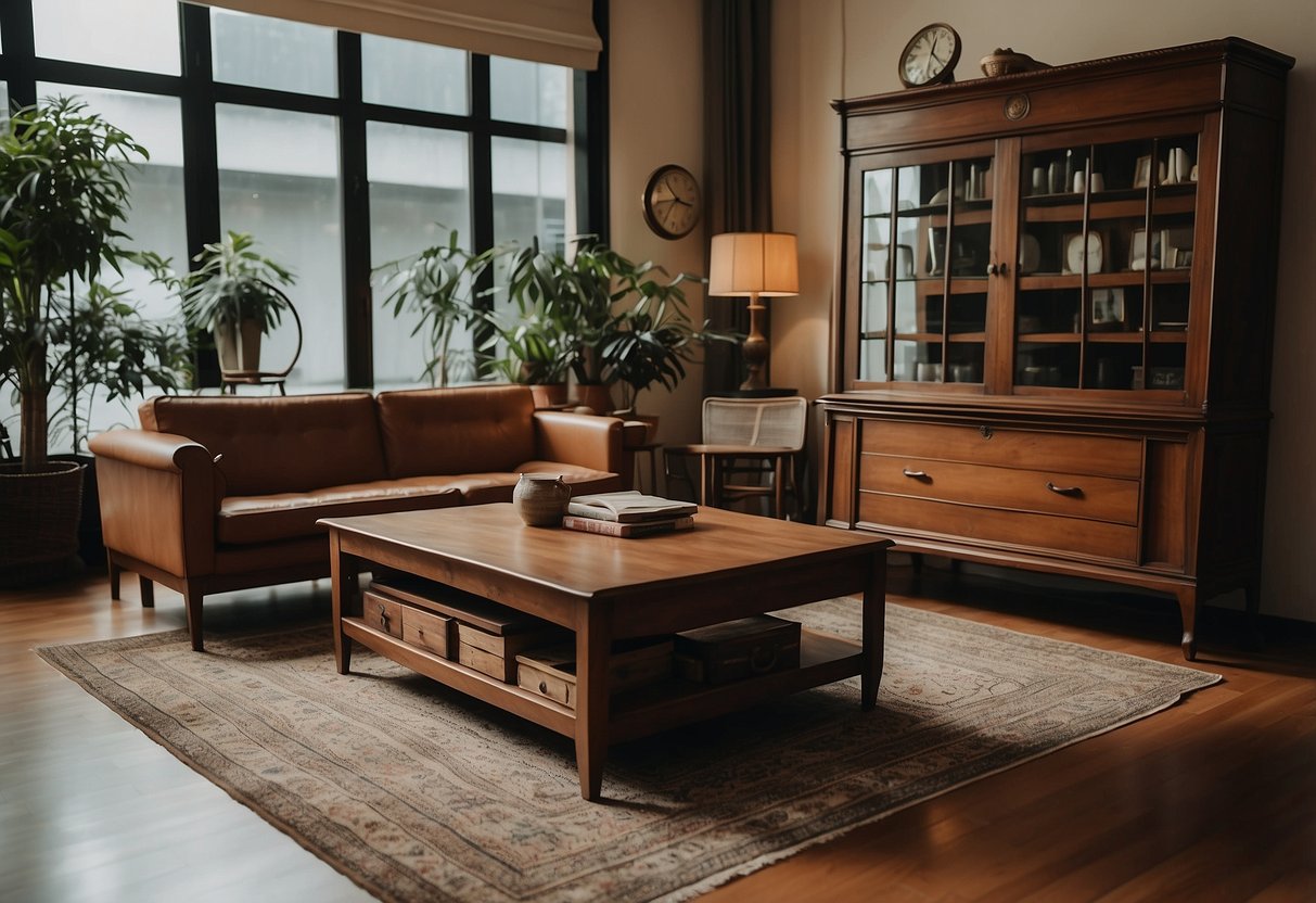 A cozy living room with a retro sofa, wooden coffee table, and antique cabinet in a vintage furniture store in Singapore