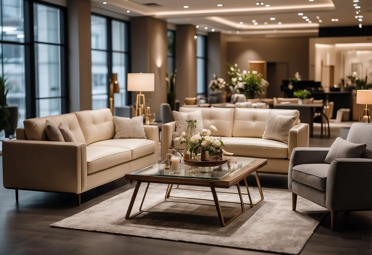 A spacious showroom with modern and traditional furniture displays. Bright lighting and neatly arranged furniture sets create an inviting atmosphere