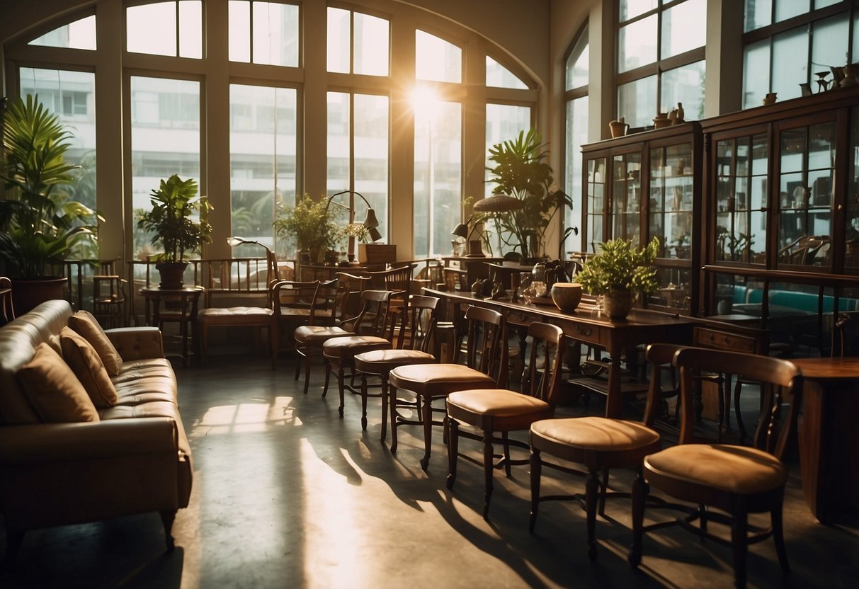 A vintage furniture shop in Singapore, filled with unique pieces from different eras. Light streams in through large windows, casting a warm glow on the eclectic collection of chairs, tables, and cabinets