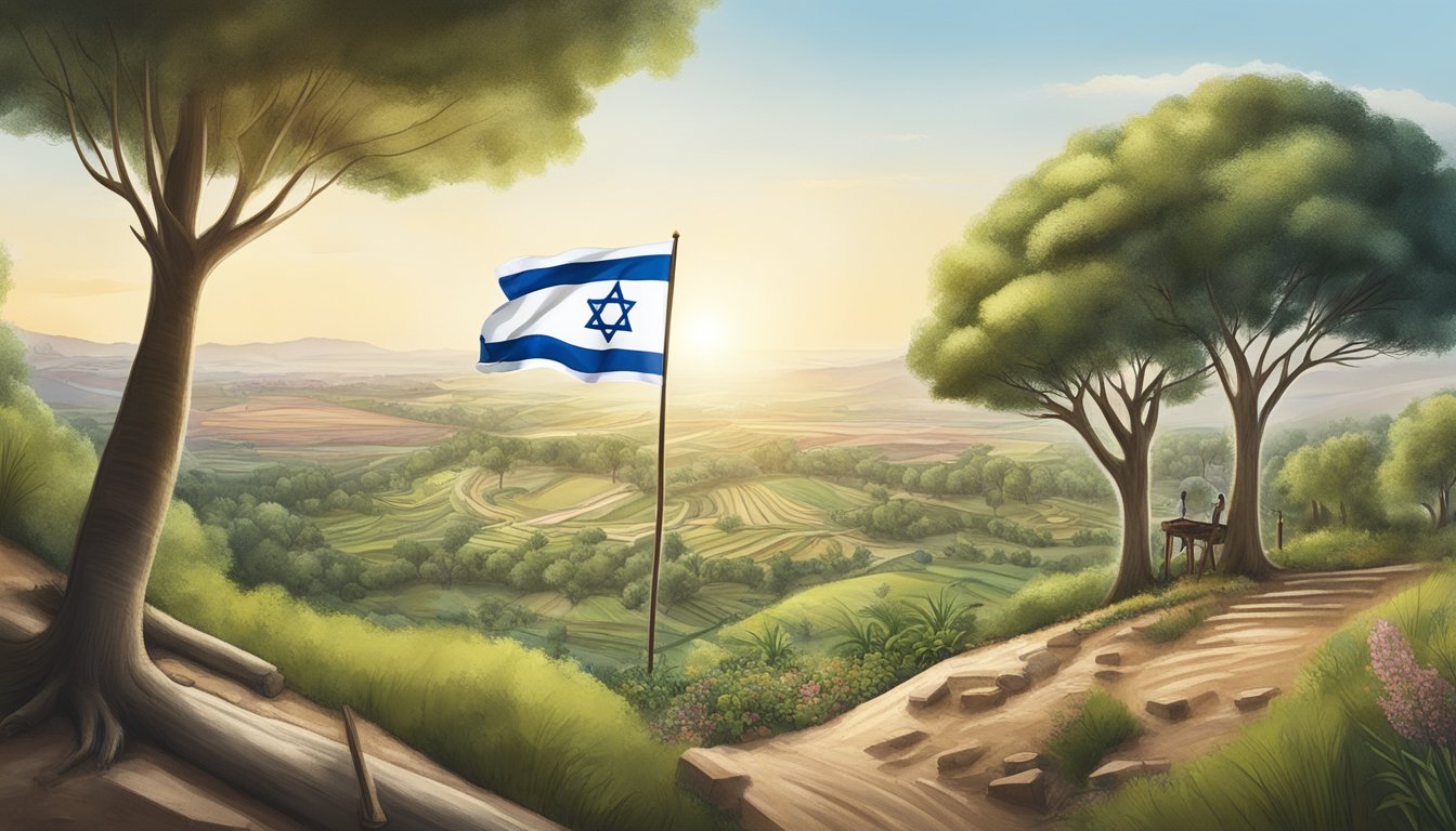 Timberland logo next to Israeli flag, with tree planting and community development projects in background