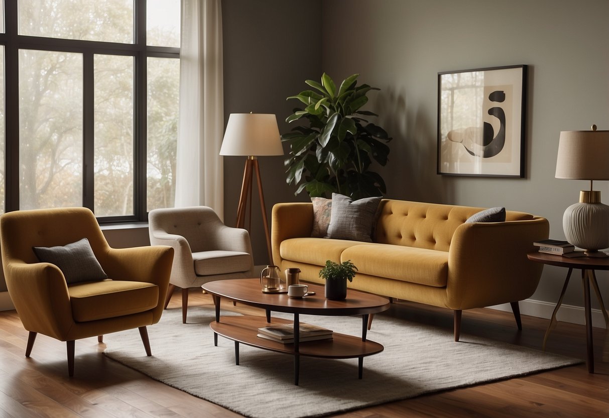 Vintage furniture seamlessly blends with modern decor in a stylish living room, featuring a sleek sofa and mid-century armchair, accented by a retro coffee table and classic floor lamp
