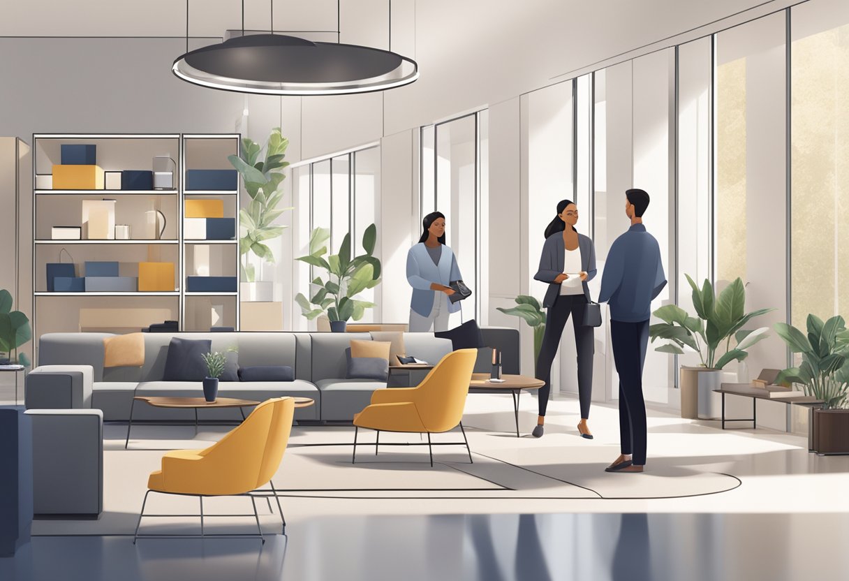 Customers browsing, trying out furniture in a sleek, well-lit showroom. Staff providing personalized aftercare assistance, answering questions