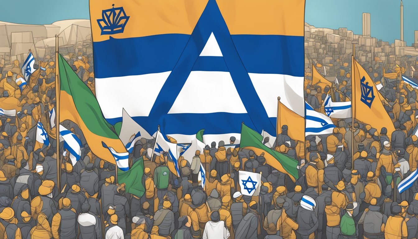 Timberland logo next to Israeli flag, surrounded by protest signs