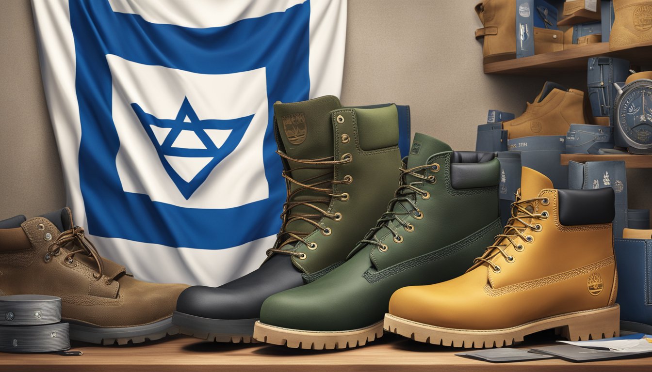 Timberland's product range and merchandise displayed with Israeli flag and support symbols