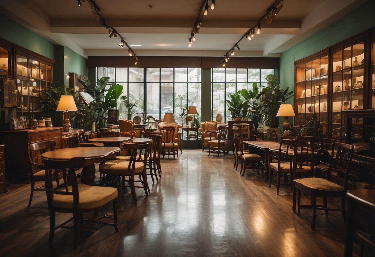 A vintage furniture store in Singapore with a sign that reads "Frequently Asked Questions" displayed prominently. Various antique chairs, tables, and cabinets are showcased in the background