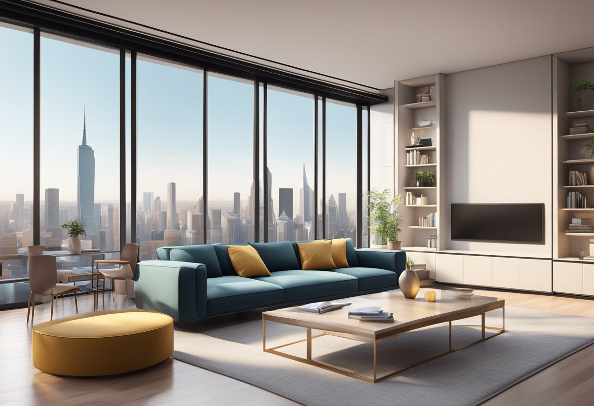 A sleek, minimalist living room with a contemporary sofa, a stylish coffee table, and a chic bookshelf. The room is bathed in natural light, with large windows showcasing the city skyline