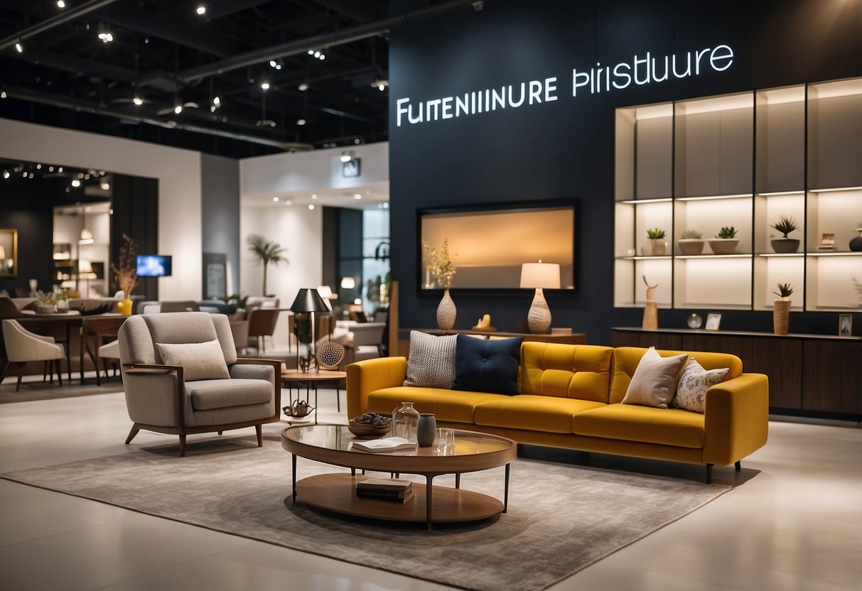 Customers browse modern furniture displays in a spacious showroom at Furniture Mart SG, with natural light streaming in through large windows