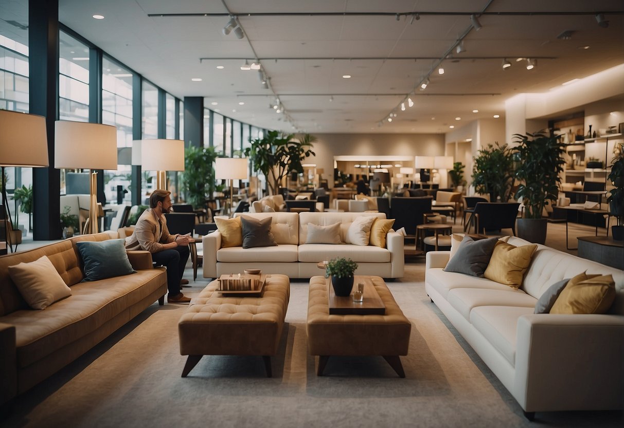 A bustling furniture showroom with customers browsing, staff assisting, and a prominent FAQ section displayed