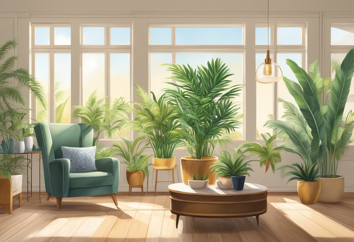 A parlor palm sits in a bright, airy room. It is placed in a decorative pot and surrounded by other houseplants. Sunlight streams in through the window, casting a warm glow on the leaves