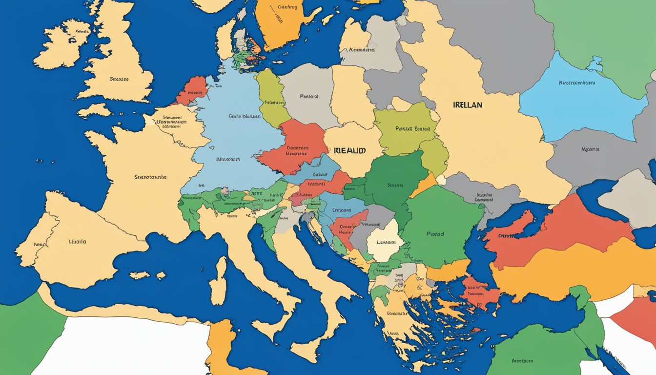 A map of Ireland and the Middle East, with a focus on Israel and Palestine. Symbols of conflict and division are evident