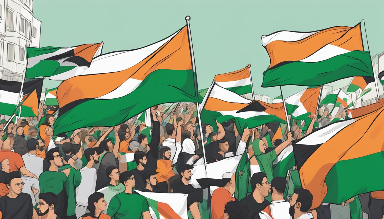 Irish flags fly alongside Palestinian flags at a protest. Posters display support for Palestine. The crowd chants in solidarity