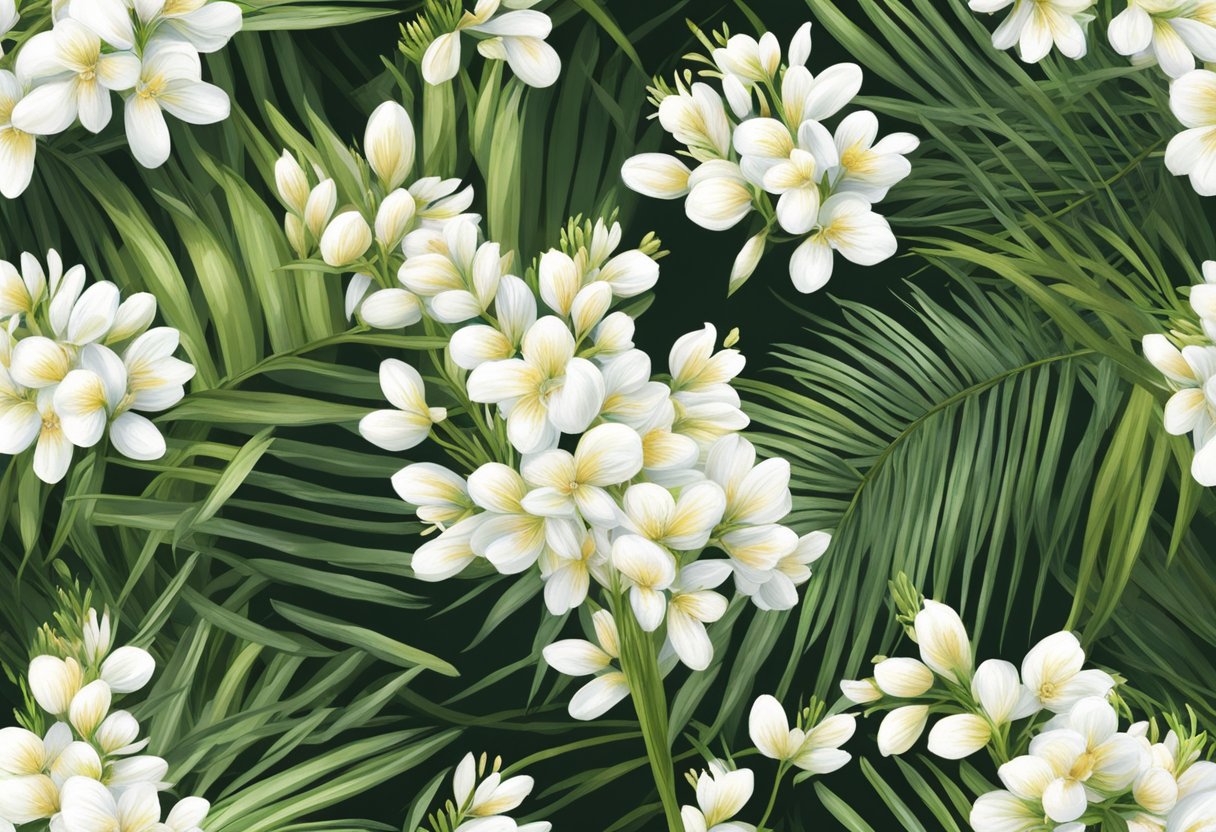 The parlor palm flowers bloom in delicate clusters, with slender stems and small, white blossoms