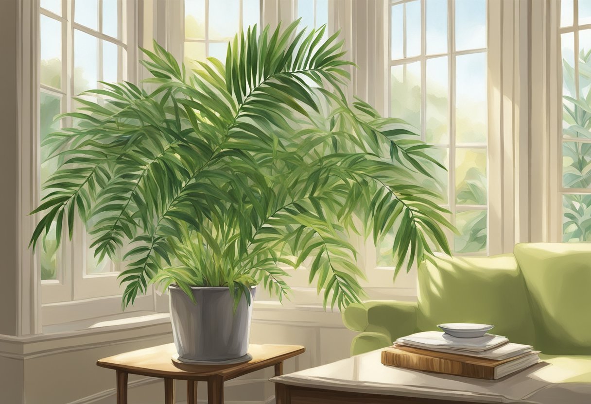 A parlor palm sits in a bright room, its delicate green fronds unfurling around clusters of small, delicate flowers. Sunlight filters through the window, casting a warm glow on the plant