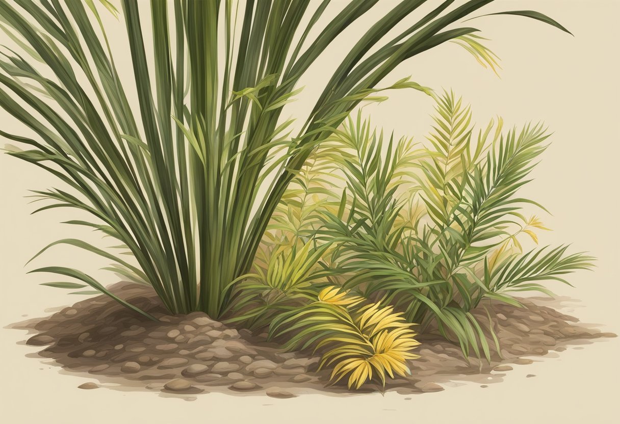 Parlor palm droops with wilting flowers, surrounded by yellowing leaves and dry soil