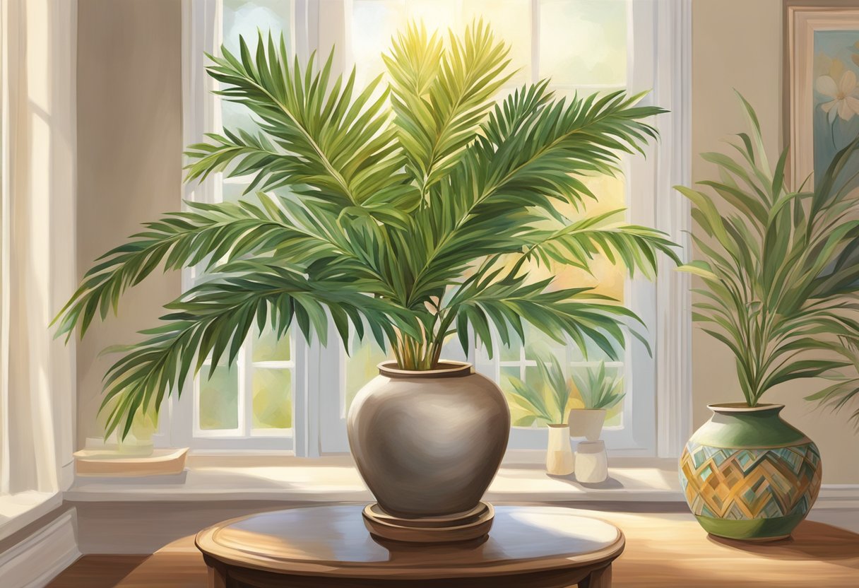 A parlor palm sits on a wooden table, surrounded by decorative vases and colorful flowers. The room is filled with natural light, casting a warm glow over the scene