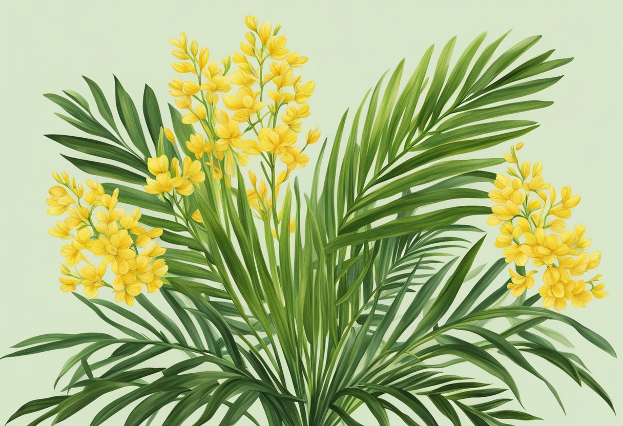 A parlor palm blooms with delicate yellow flowers, surrounded by lush green fronds