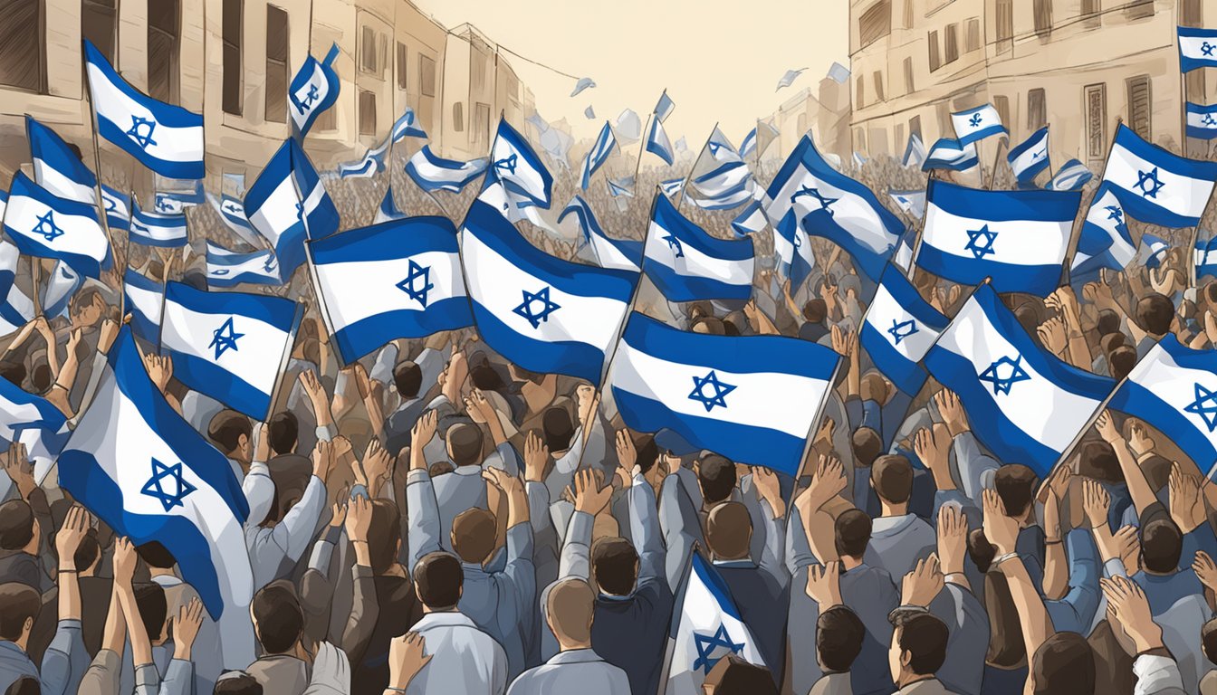 A crowd waving Israeli flags at a pro-Israel rally