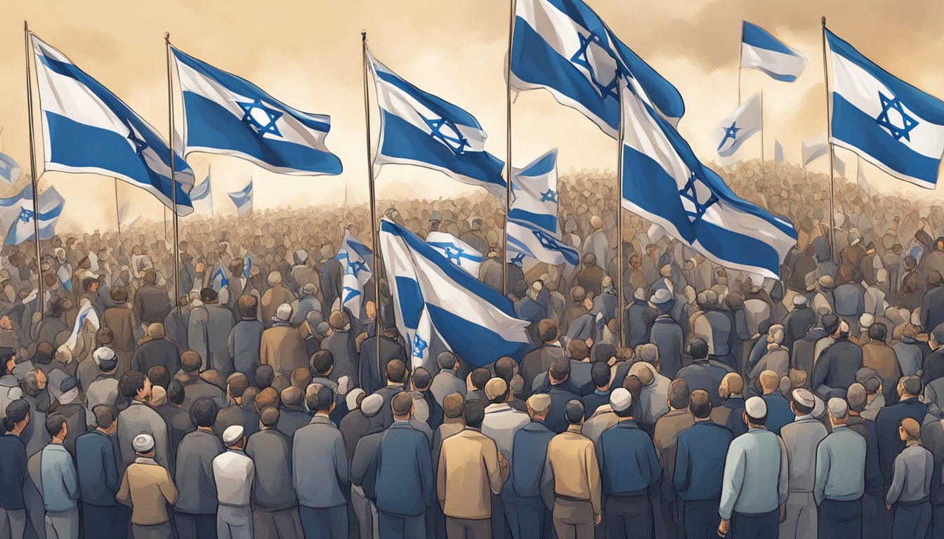 A crowd gathers around a historical event, with flags and banners showing support for Israel. The atmosphere is charged with emotion and passion