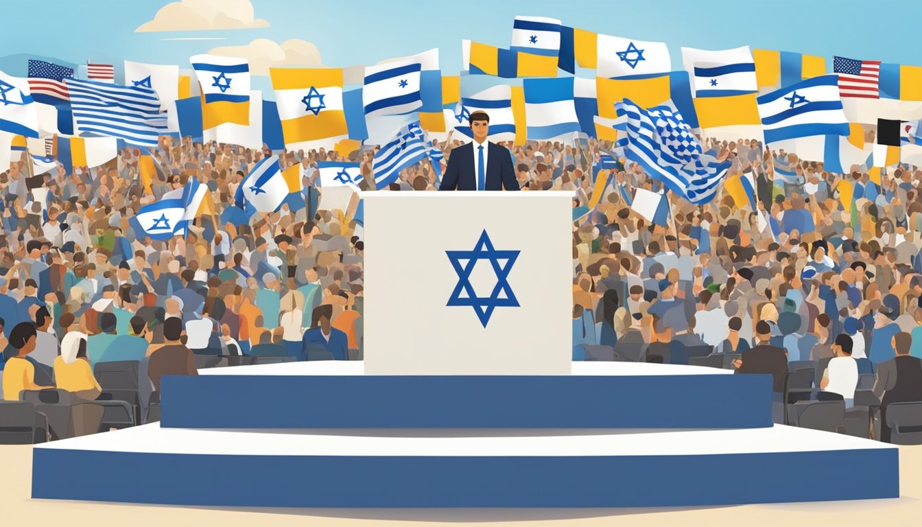 A podium with flags of Israel and Roxy, surrounded by a crowd