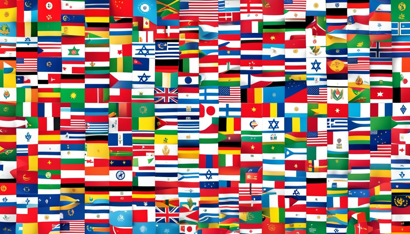 A colorful collage of flags representing different countries, with a prominent Israeli flag, surrounded by various brand logos and slogans