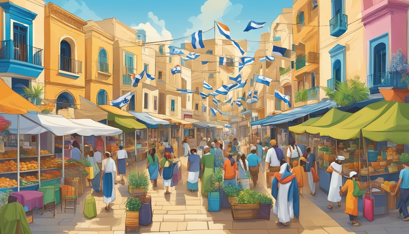 Roxy supports Israel: flags, maps, and cultural symbols displayed in a vibrant, bustling marketplace