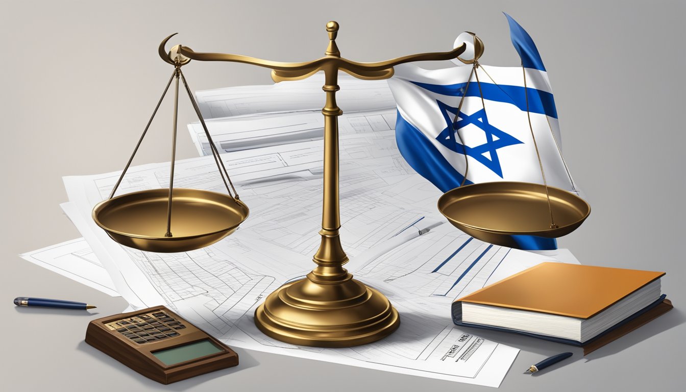 A scale balancing "Roxy" logo and the Israeli flag, surrounded by legal documents and regulations