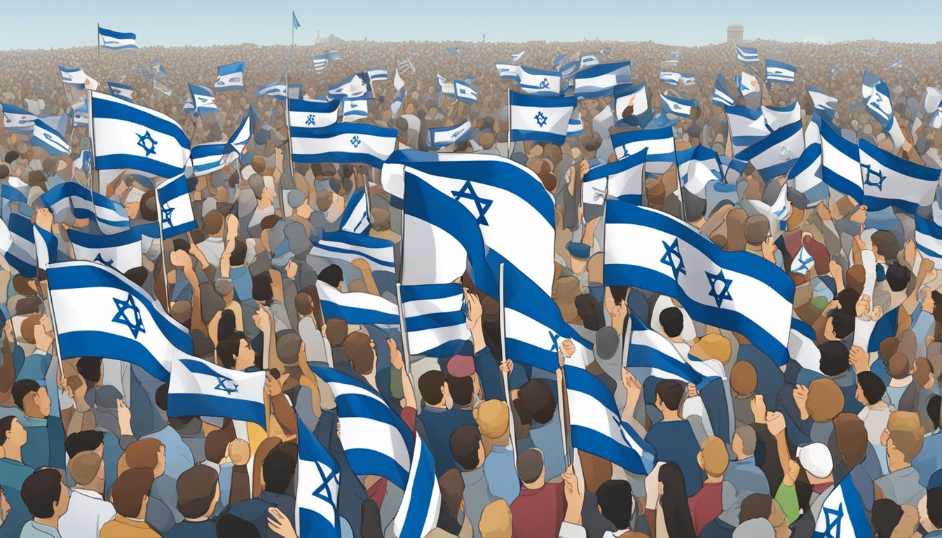 A crowd gathers with flags and signs, divided in support and opposition. The Israeli flag is prominently displayed