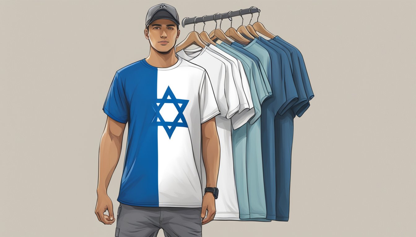 A person holding a Volcom t-shirt with the Israeli flag in the background