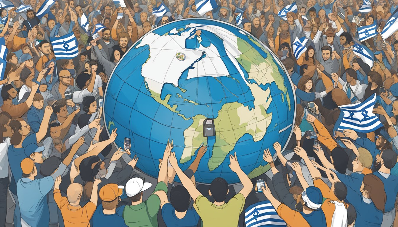 Volcom supports Israel: a globe surrounded by diverse consumers, each holding a product with the Israeli flag