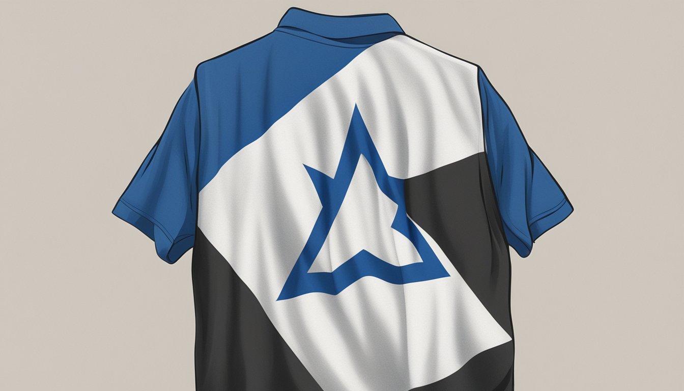 A person holding a Volcom shirt with an Israeli flag in the background