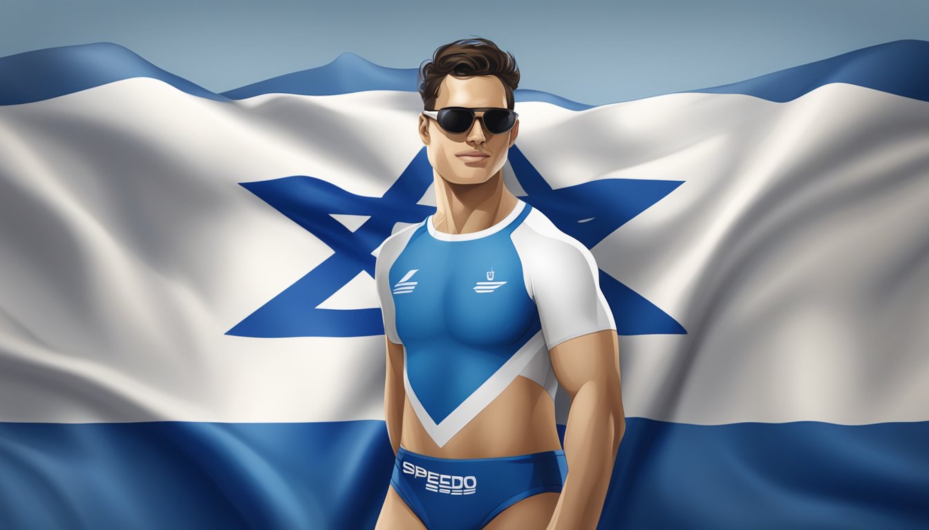 A Speedo swimsuit logo displayed next to the Israeli flag