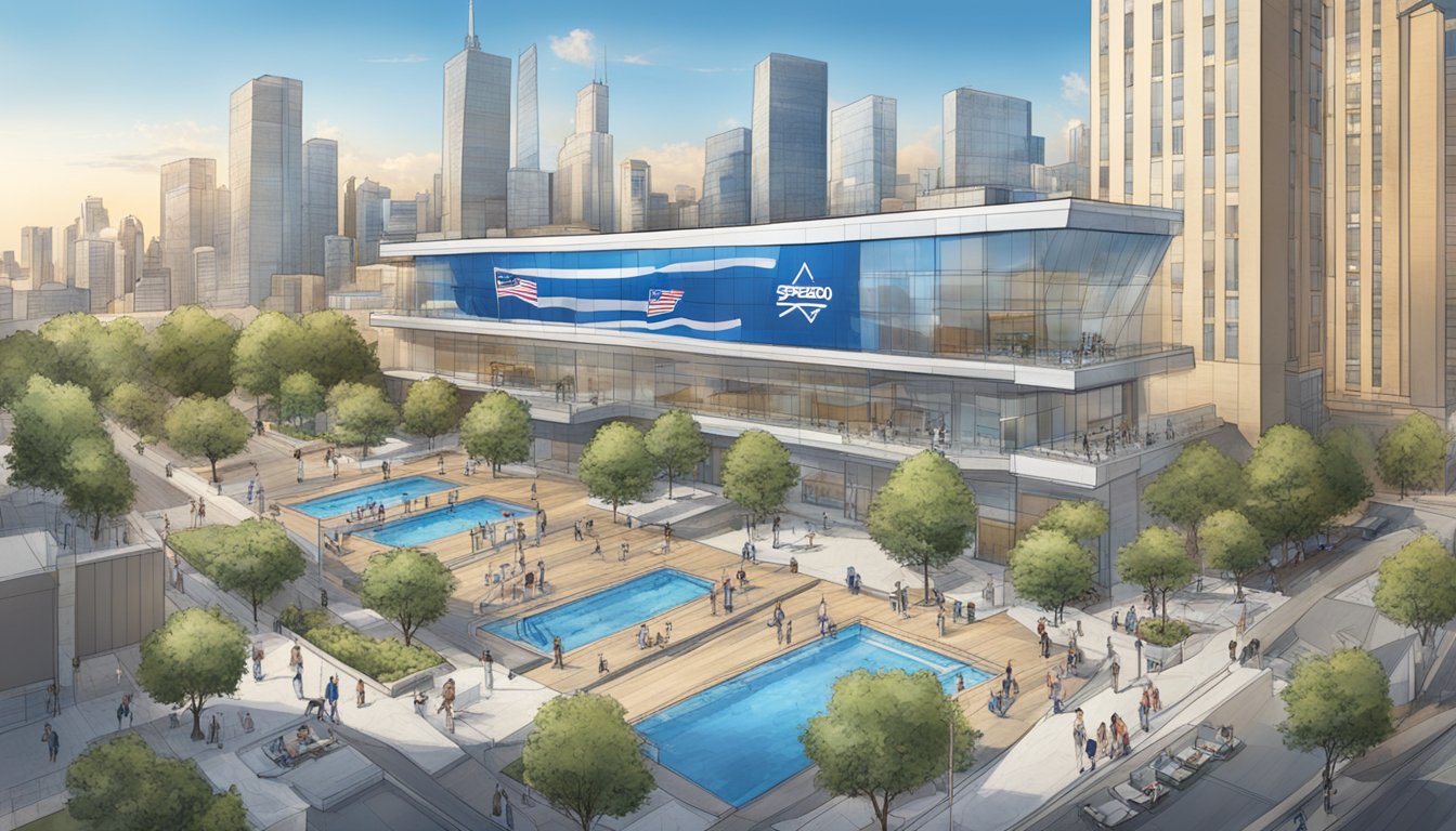 Speedo's corporate headquarters, with Israeli flag displayed, overlooks a bustling city skyline. Influence evident in sponsorships and partnerships