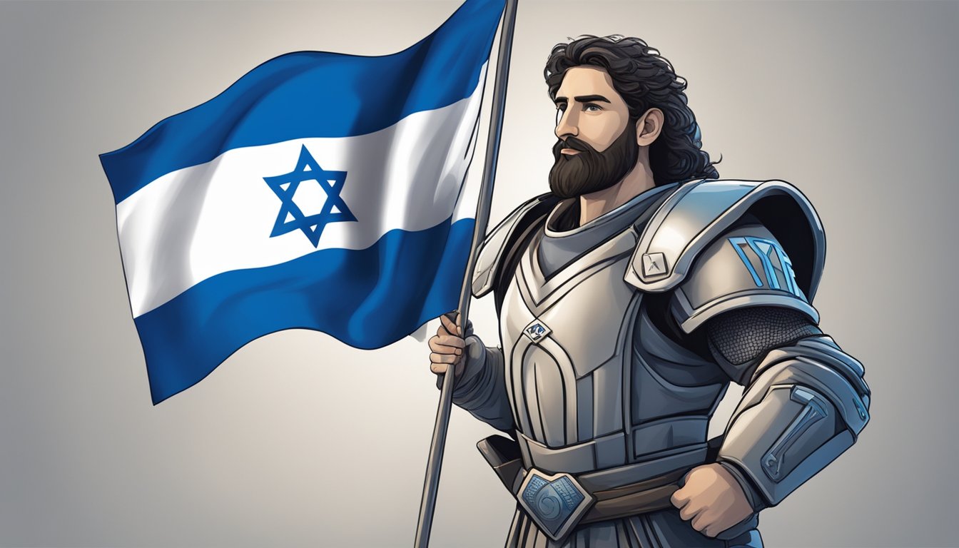 A person holding a flag with the letters "TYR" and the flag of Israel in the background