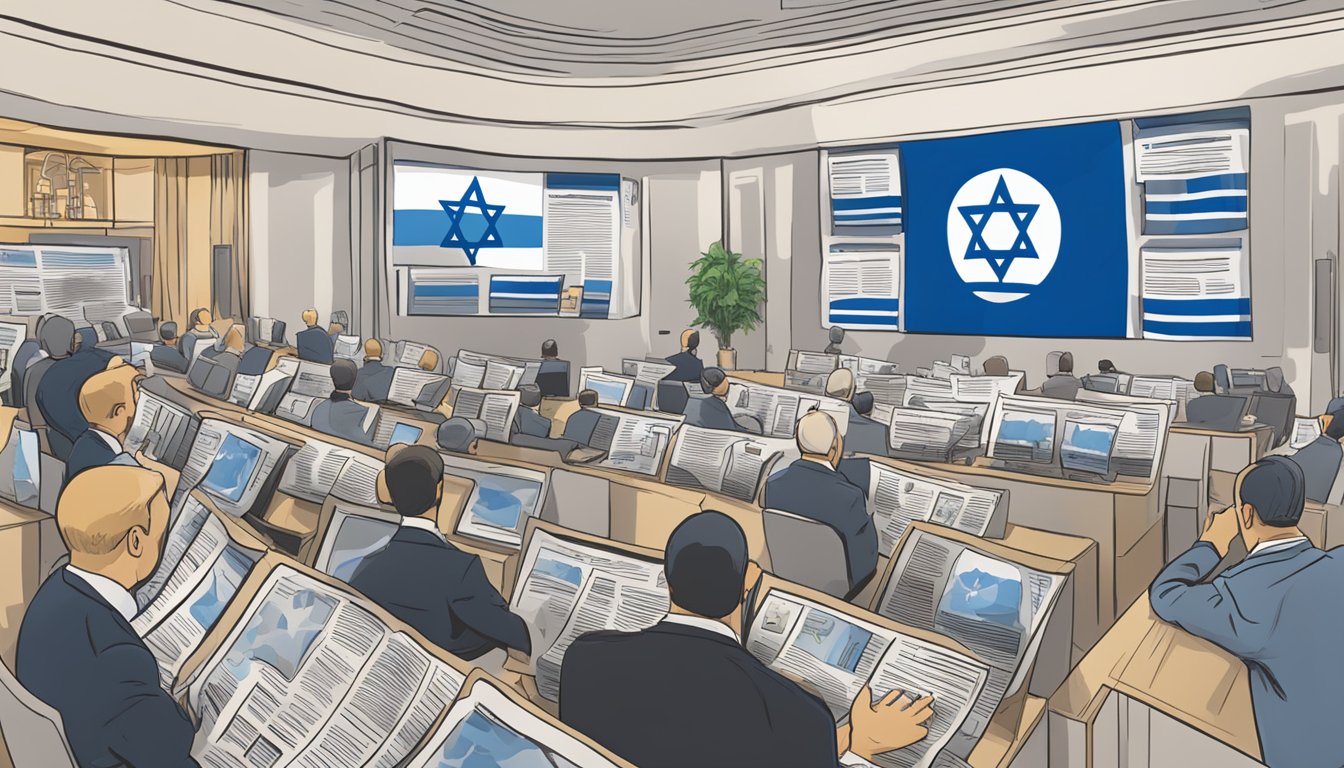 A newspaper with headline "Does TYR support Israel?" surrounded by TV screens showing news coverage