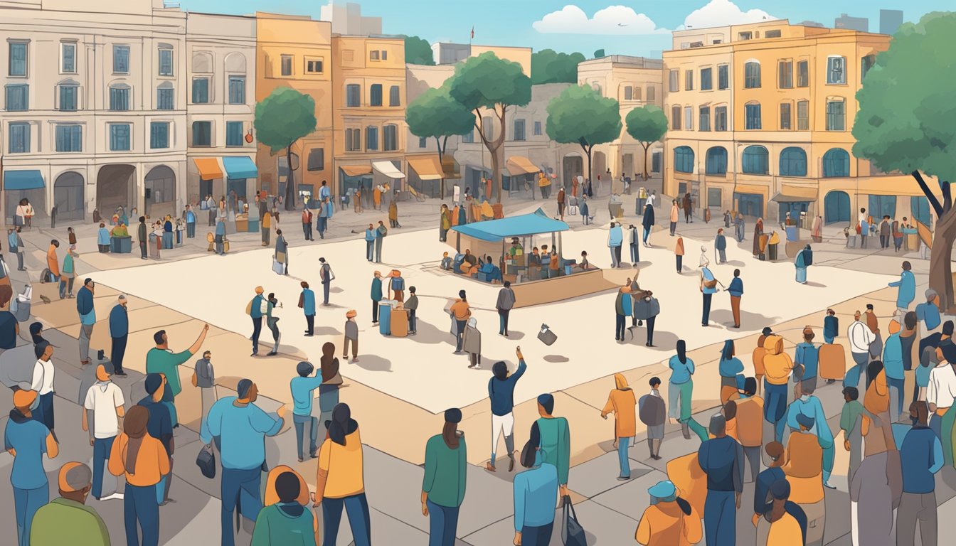 A bustling city square with diverse cultural symbols and people engaging in dialogue and debate about Israel's support