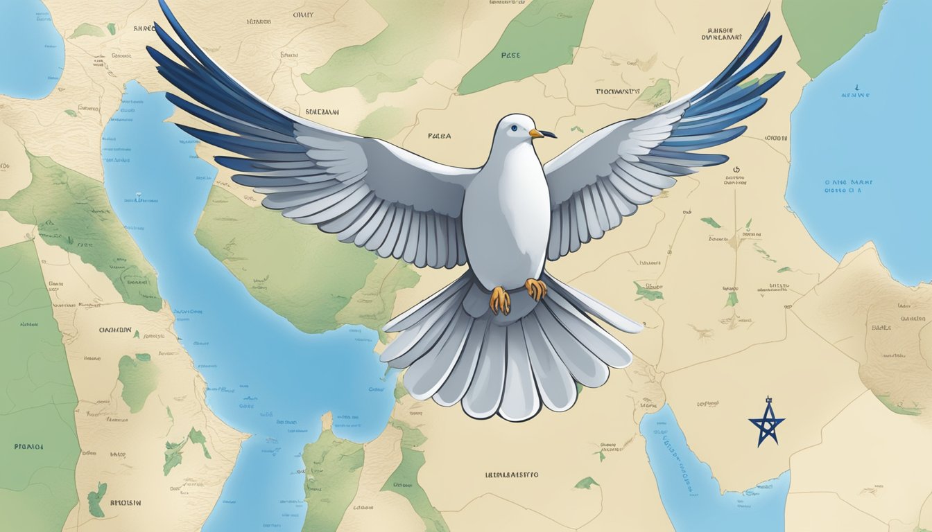 A dove carrying an olive branch hovers over a map of Israel, surrounded by symbols of diplomacy and peace efforts